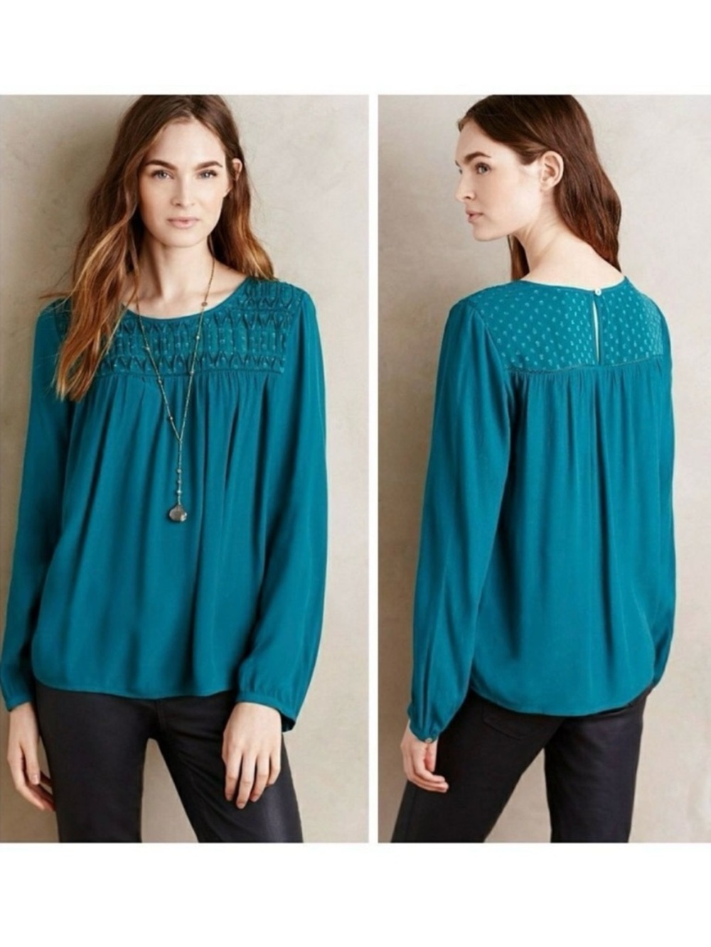 ANTHROPOLOGIE Meadow Rue Swiss Dot Teal Blue Long Sleeve Blouse Size S